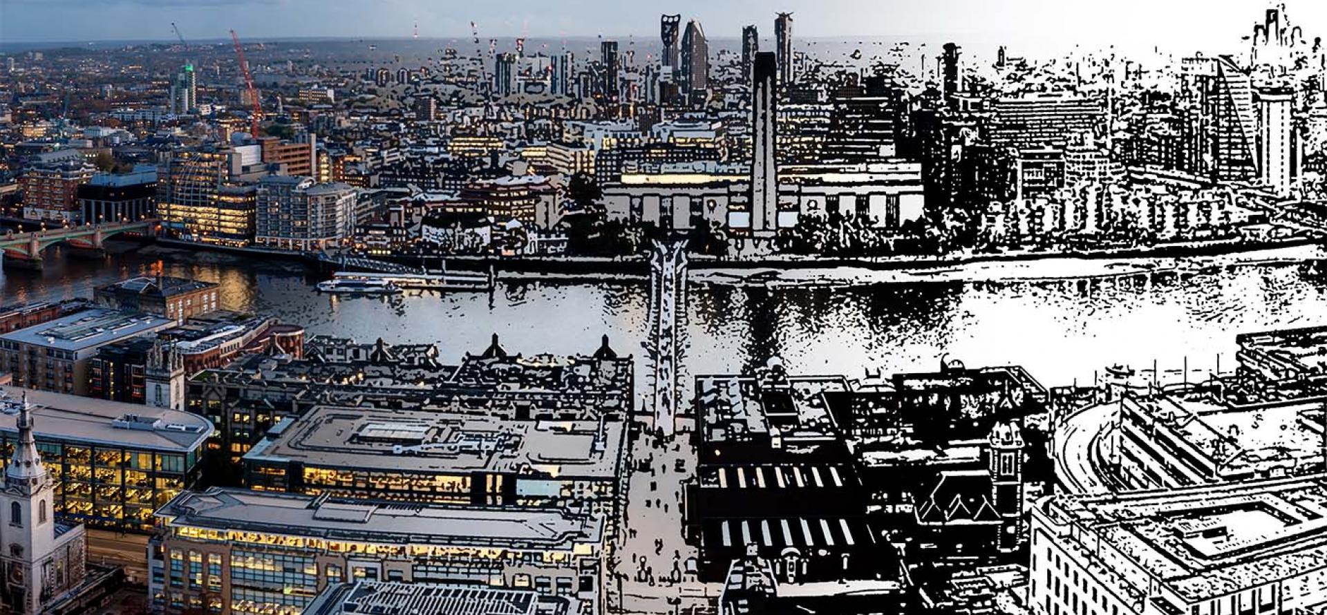 A sketched illustration of the city of London with one half coloured and the other black and white