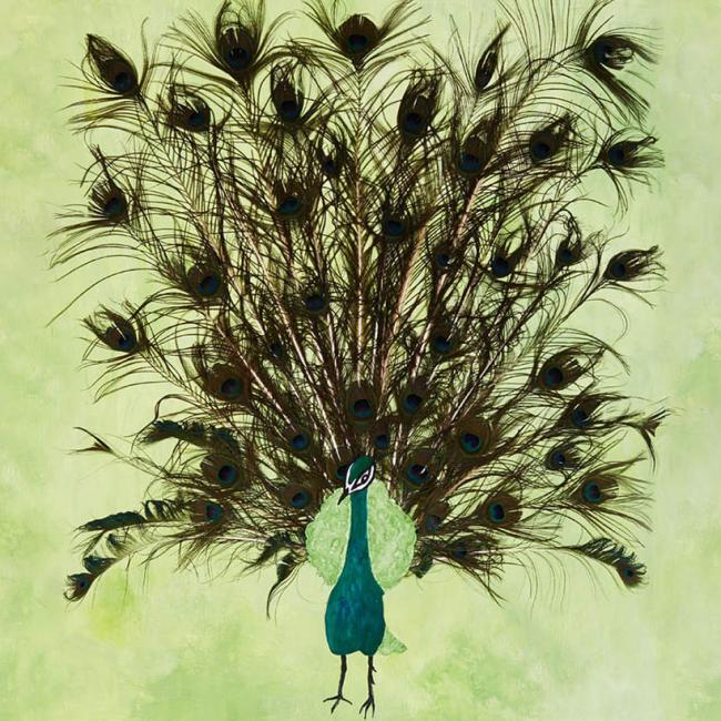Painting of a peacock on a green background