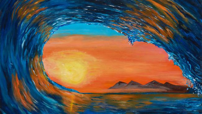 Painting of a wave and sunset