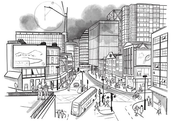 Busy townscape illustration