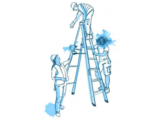 Construction workers and a step ladder