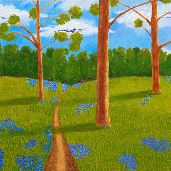 Painting of a sunny day showing woodland and bluebells 