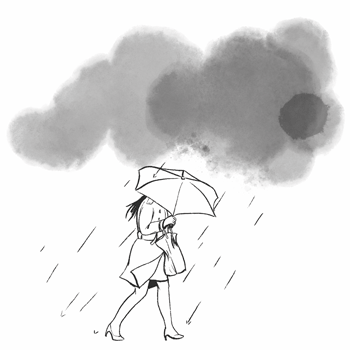 Animation of a woman with an umbrella, walking in heavy rain beneath a dark storm cloud.
